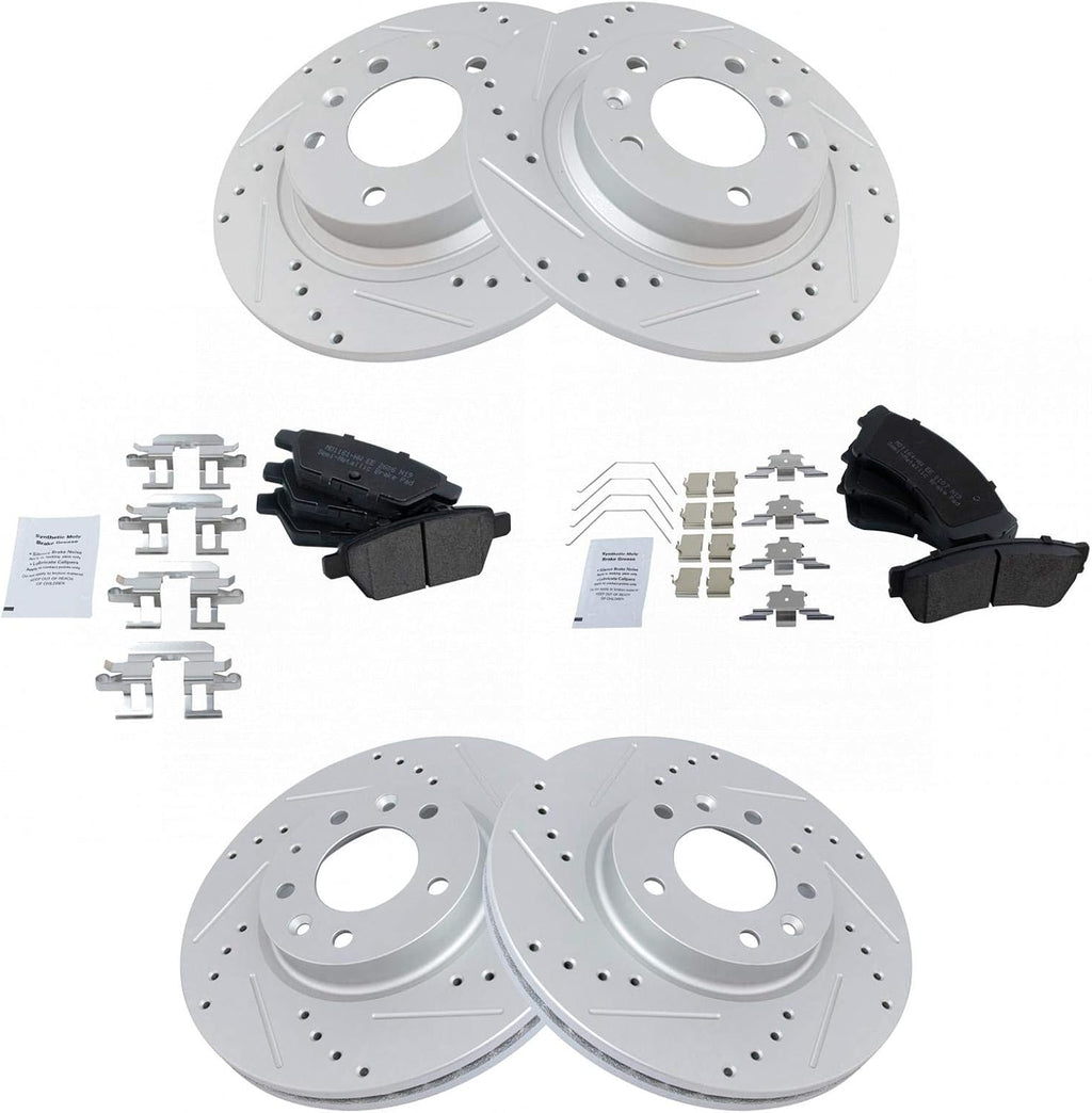 TRQ Performance Front and Rear Semi Metallic Brake Pad and Rotor Set Drilled Slotted Coated Compatible with 2006-2012 Ford Fusion 2007-2012 Lincoln MKZ 2006 Lincoln Zephyr 2006-2011 Mercury Milan
