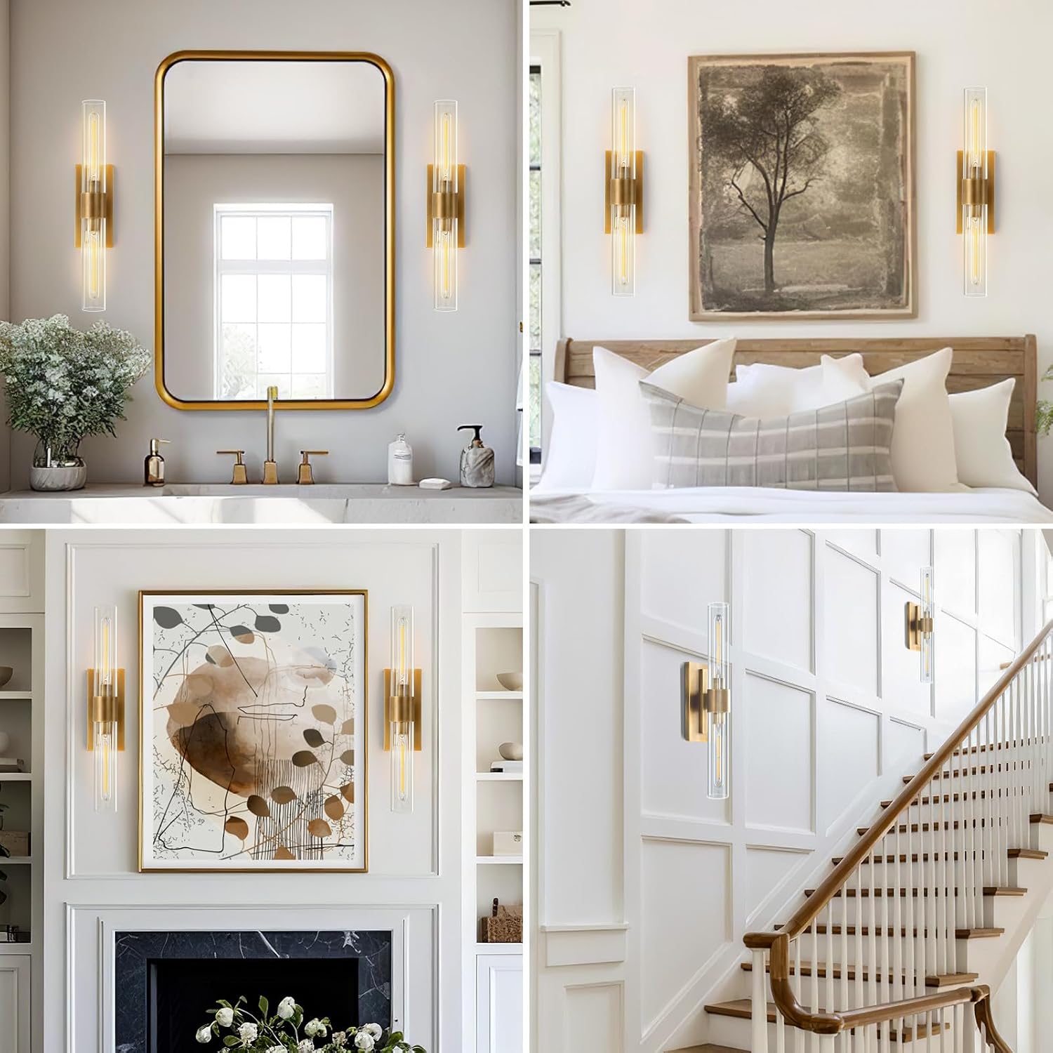 YUYI Wall Sconce, 22.8'' Brass Sconce Wall Lighting, Gold Bathroom Wall Light Fixture with Clear Glass Shade, Indoor Wall Sconce for Bathroom Vanity, Living Room, Bedroom, Hallway, Fireplace