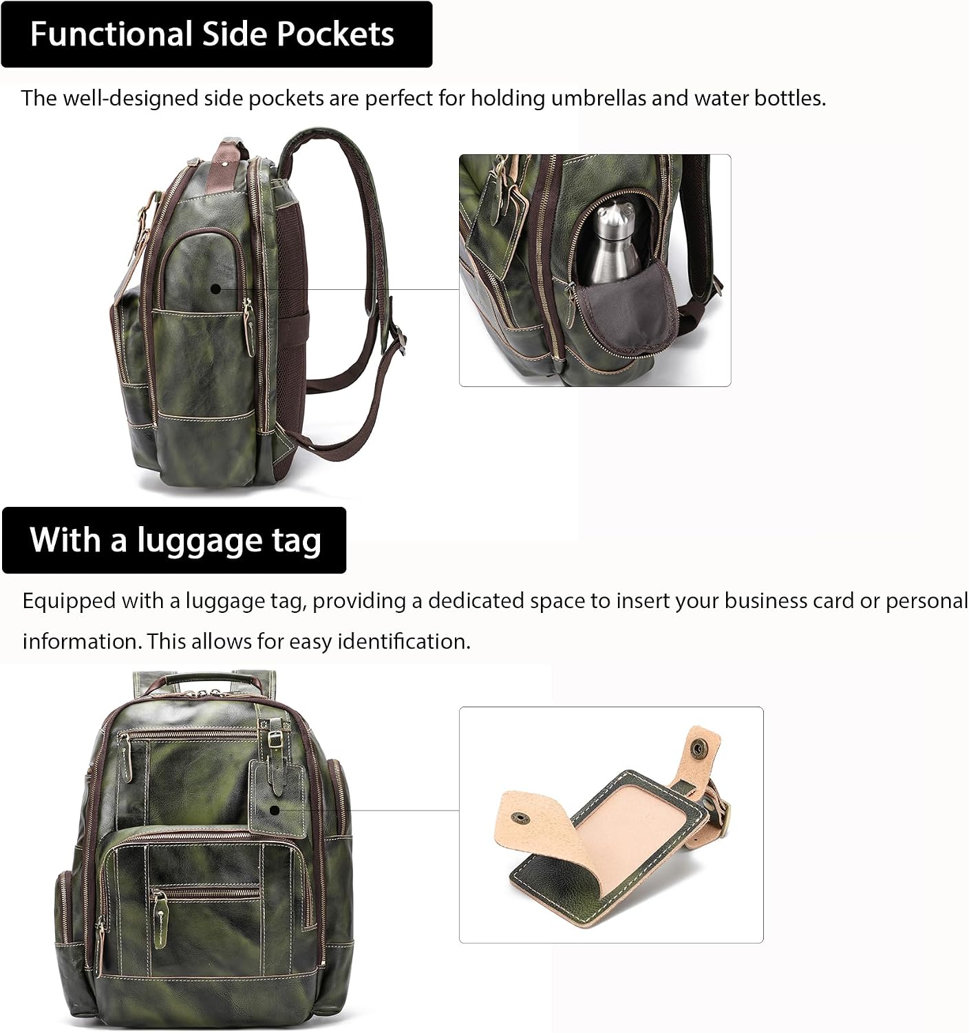 LANNSYNE Vegetable Tanned Leather Backpack for Men, 15.6' Laptop Backpack Camping Travel 24L Rucksack