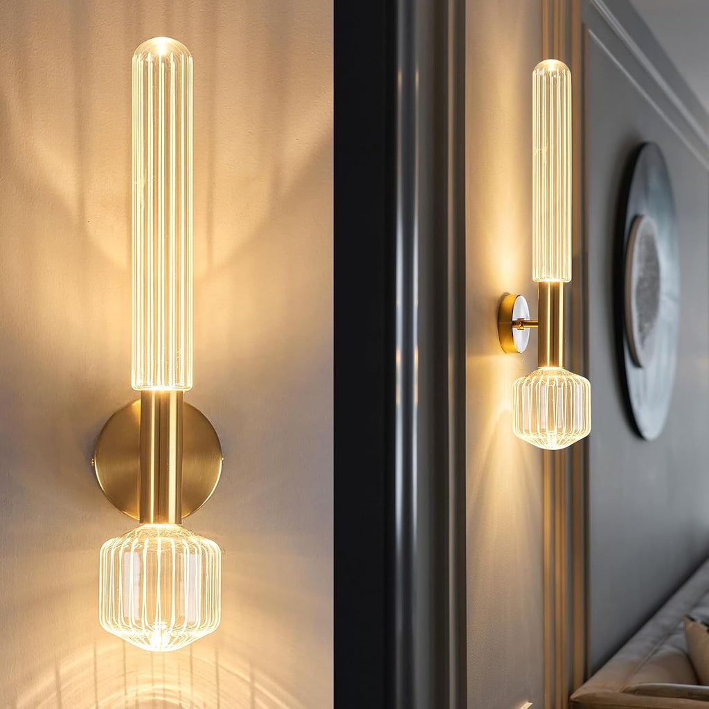 Gold Wall Sconces Set of Two, Modern Bathroom Light Fixture Dimmable LED Wall Sconces with Glass Shade, Bathroom Sconces Wall Lighting for Bedroom Living Room
