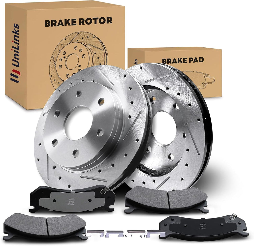 Front Drilled and Slotted Disc Brake Rotors & Ceramic Brake Pads Kit Fit for Cadillac 02-06 Escalade/ESV/EXT; for Chevy 00-06 Silverado/Suburban/Tahoe; for GMC 99-06 Sierra, 00-06 Yukon