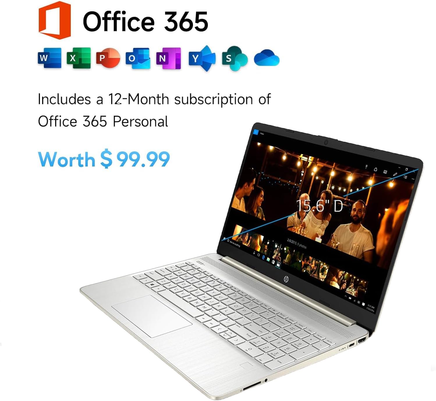 HP 15.6' Everyday Laptop, AMD Efficient Dual-Core Processor, 8GB RAM, 128GB SSD, USB-C, SD Card Reader, HDMI, Wi-Fi & Bluetooth, Long Battery Life, Windows 11 with 1 Year Microsoft 365, Gold