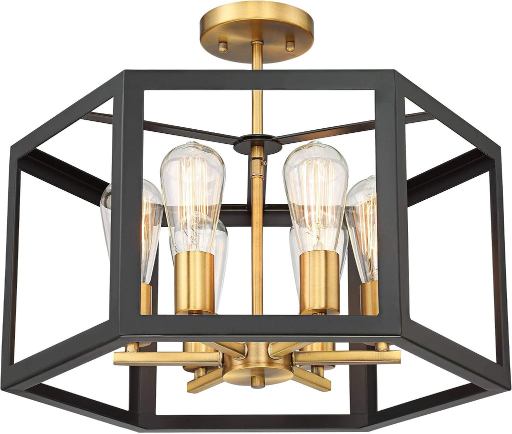 Possini Euro Design Beni Industrial Rustic Farmhouse Ceiling Light Semi Flush-Mount Fixture 20' Wide Antique Bronze Gold 6-Light Open Pentagon Frame for Bedroom Kitchen Living Room Hallway Dining