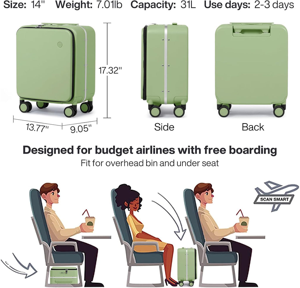 mixi 17x14x9 Carry On Luggage Underseat PC Hard Shell Suitcase Top Opening Aluminum Frame Travel Suitcases with Wheels, Avocado Green