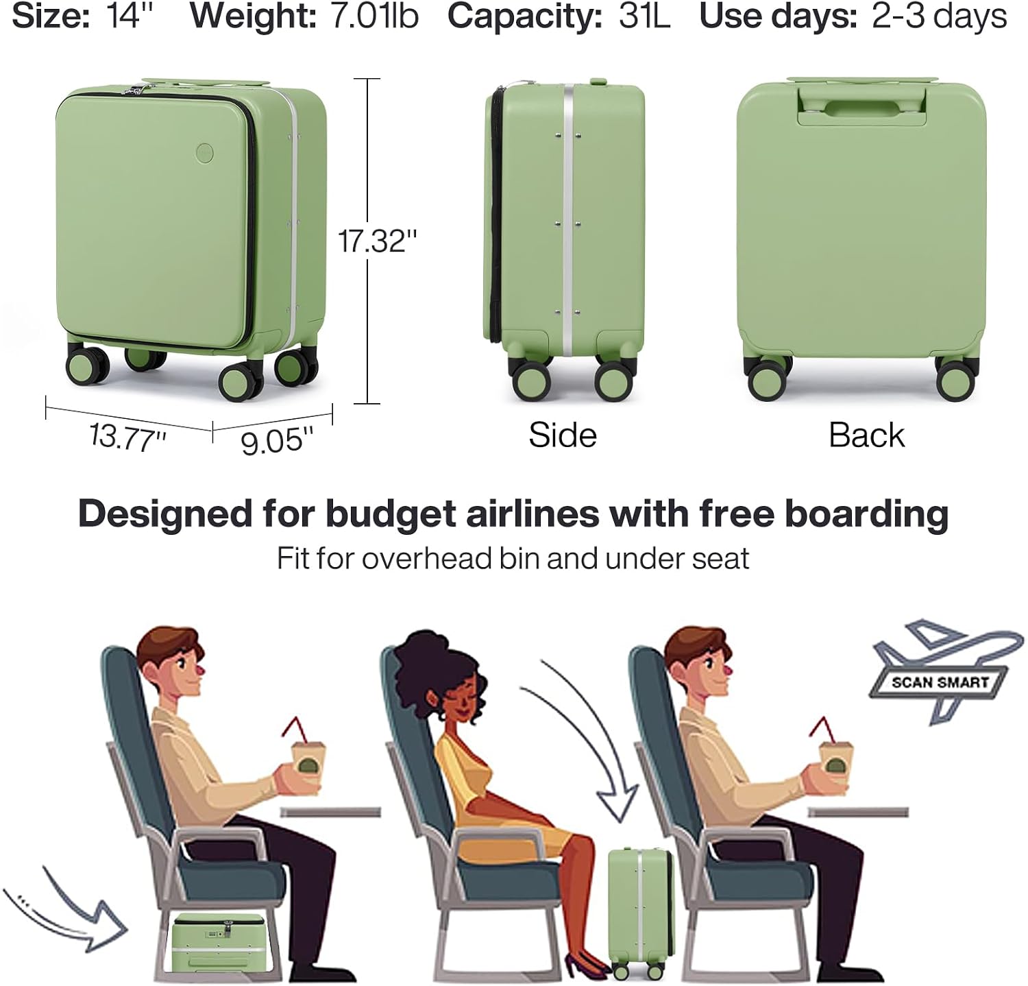 mixi 17x14x9 Carry On Luggage Underseat PC Hard Shell Suitcase Top Opening Aluminum Frame Travel Suitcases with Wheels, Avocado Green