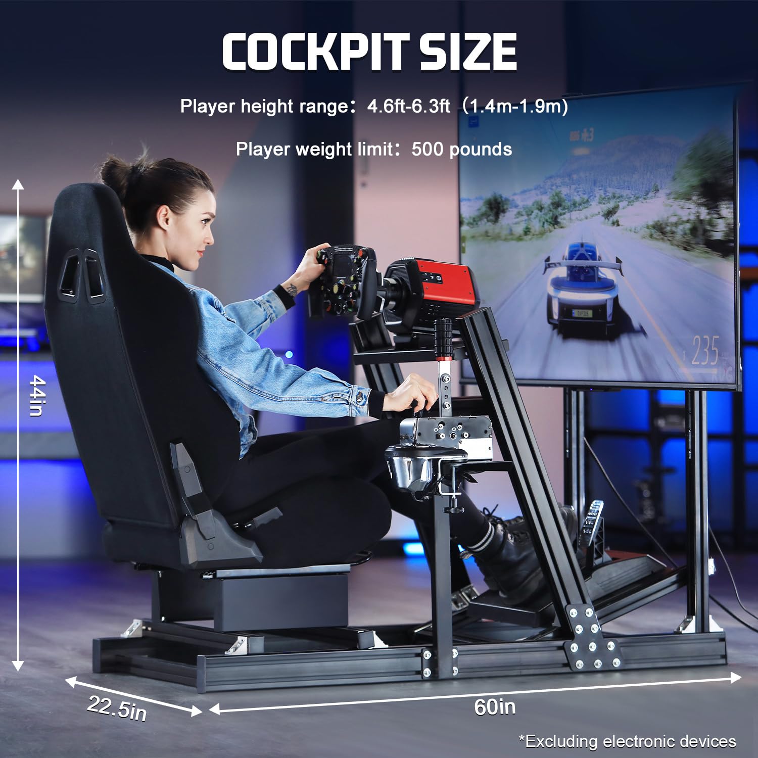 Marada Aluminum Profile Racing Simulator Cockpit With Monitor Stand, Fit For Fanatec, for Thrustmaster T818, for Logitech G923 GPro, Stable Driving Cockpit With Black Seat,Not Included Wheel and Pedal