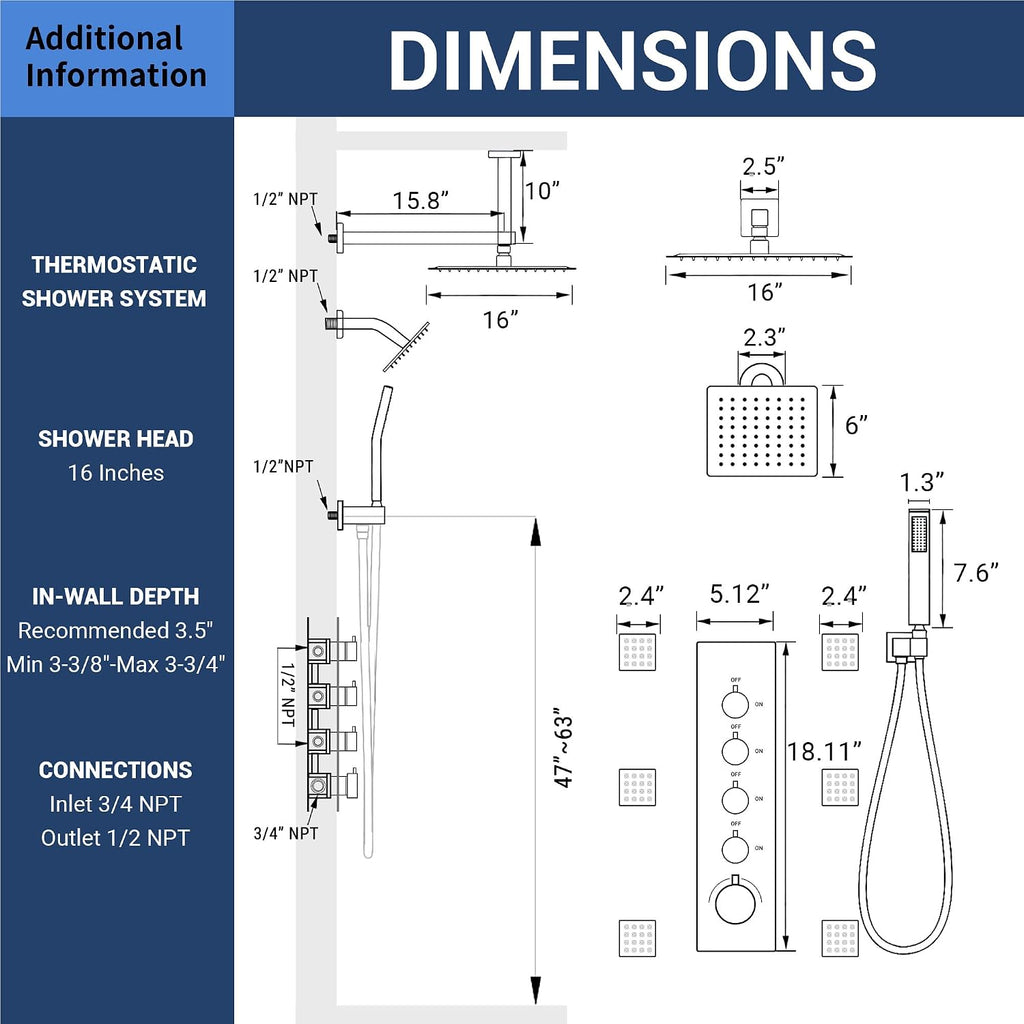 Dasan Thermostatic Dual Shower System with 6 Body Jets, 6-Inch Shower & 16' Rainfall Shower, Luxury Brushed Gold Shower Faucet Set Rain Shower System for Couples/ 2-Person