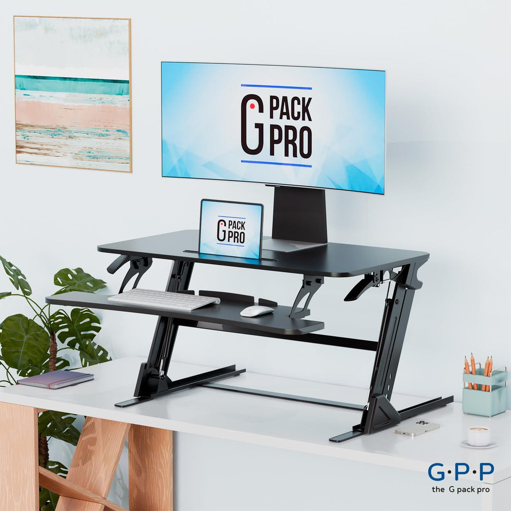36″ Wide Standing Desk Converter – Sit-to-Stand Workstation for Dual Monitors, Height Adjustable Up to 17.3″ with Large Keyboard Tray – Black