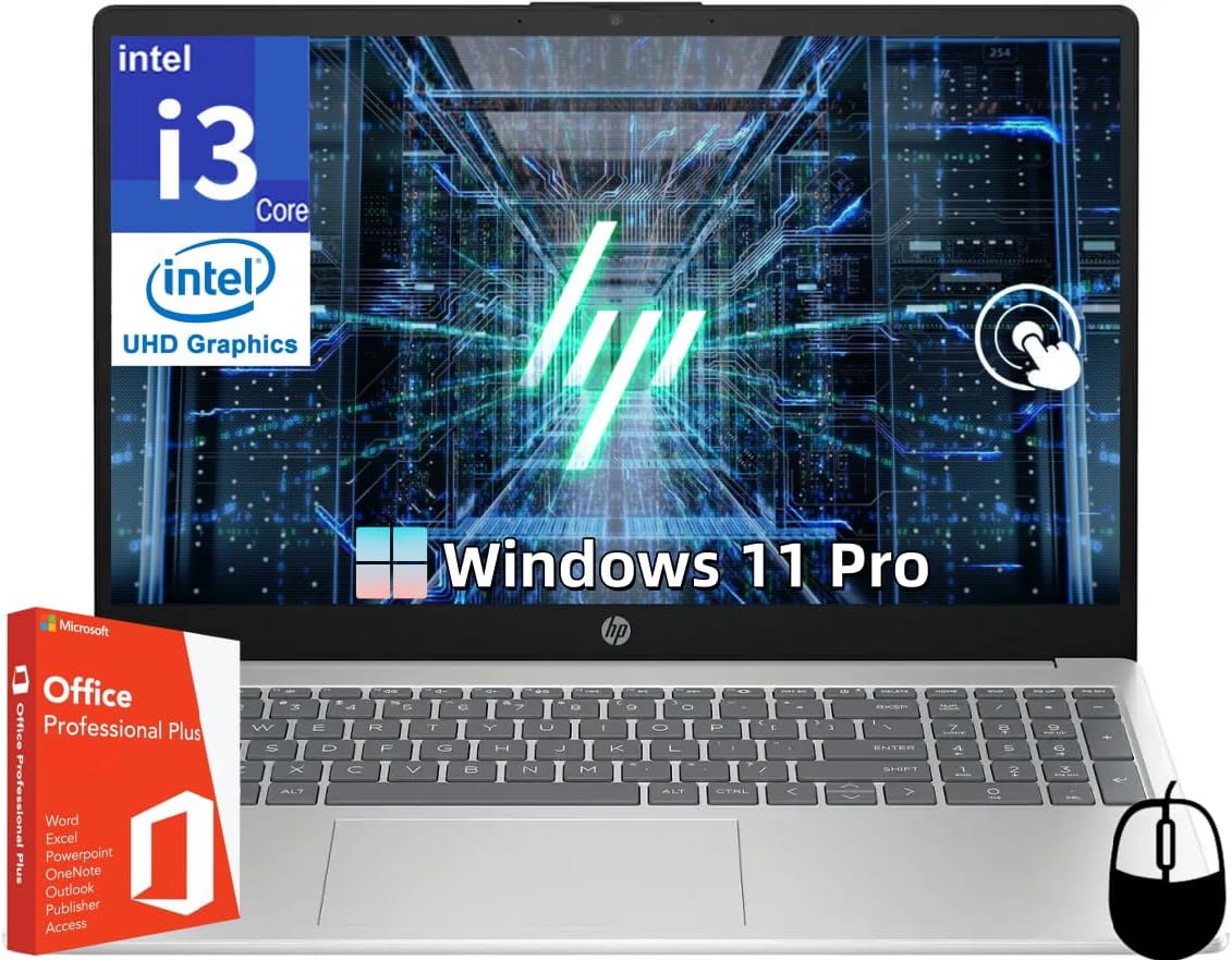 HP 2025 Touchscreen Laptop, with Office Lifetime License, Intel i3-1315U Processor(Up to 4.5GHz), 15.6' 250 nits, 16 GB RAM, 512 GB SSD, Intel UHD Graphics, Anti-Glare, Windows 11 Pro, w/Accessories
