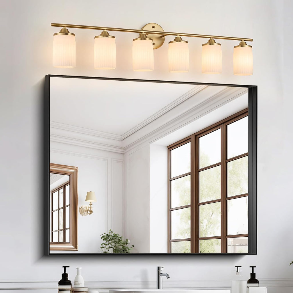 Jonsi Gold Bathroom Light Fixtures 6-Light Vanity Lights Modern Wall Sconce with Milk White Shade Brushed Brass Bathroom Light Fixture Over Mirror for Bedroom Hallway Kitchen