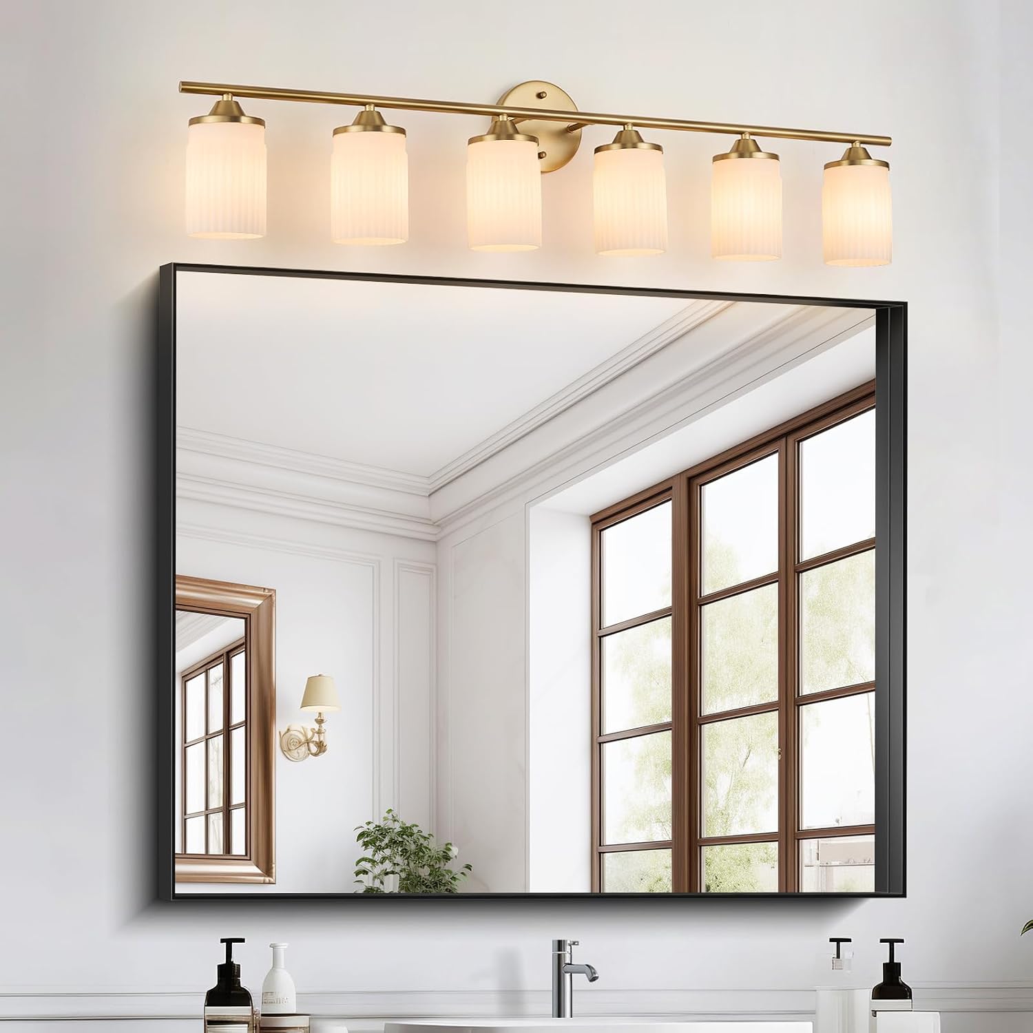 Jonsi Gold Bathroom Light Fixtures 6-Light Vanity Lights Modern Wall Sconce with Milk White Shade Brushed Brass Bathroom Light Fixture Over Mirror for Bedroom Hallway Kitchen