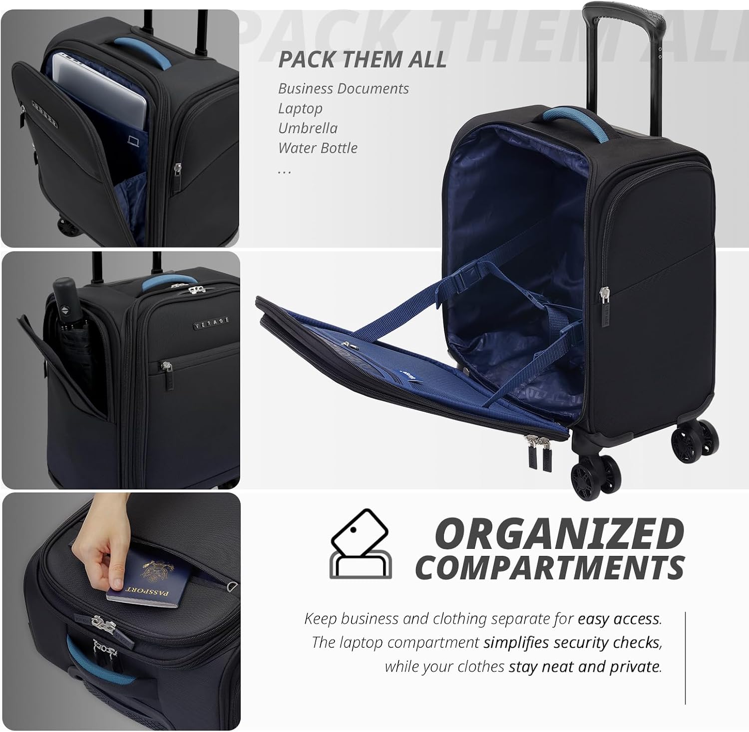 Verage 14.5 inch Underseat Carry On Luggage with Wheels, Black Softside Small Suitcase Spinner Wheeled Rolling Travel Laptop Bag for Airlines Airplanes Short Trip Men Women