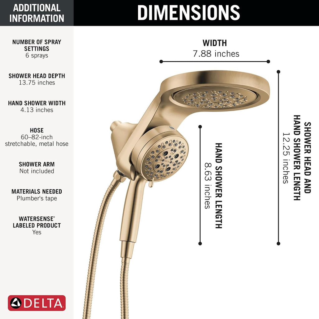 Delta 6-Setting HydroRain Premium 2-in-1 Dual Shower Head with ProClean Spray, Gold High Pressure Shower Head with Handheld Spray, 1.75 GPM Flow Rate, Lumicoat Champagne Bronze 56000-CZ-PR