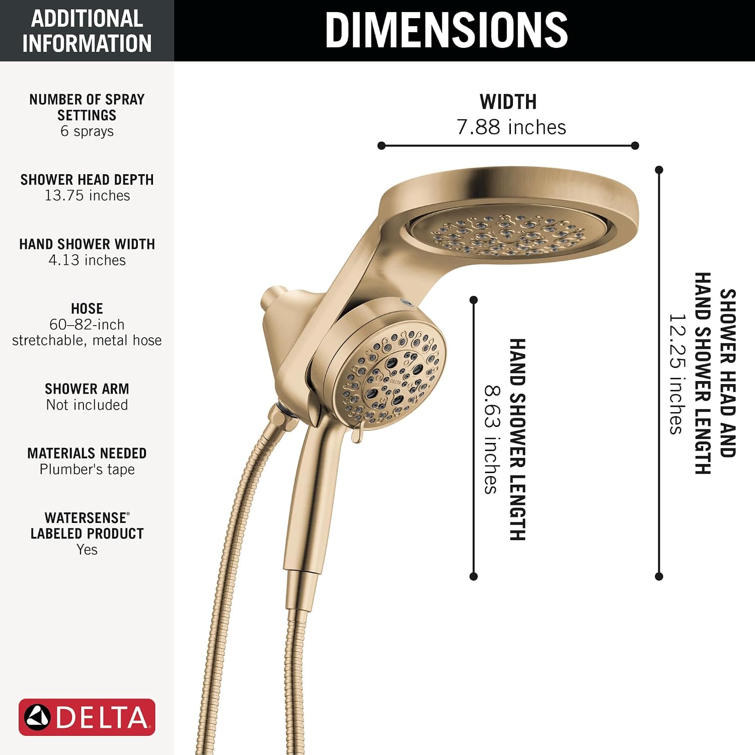 Delta 6-Setting HydroRain Premium 2-in-1 Dual Shower Head with ProClean Spray, Gold High Pressure Shower Head with Handheld Spray, 1.75 GPM Flow Rate, Lumicoat Champagne Bronze 56000-CZ-PR