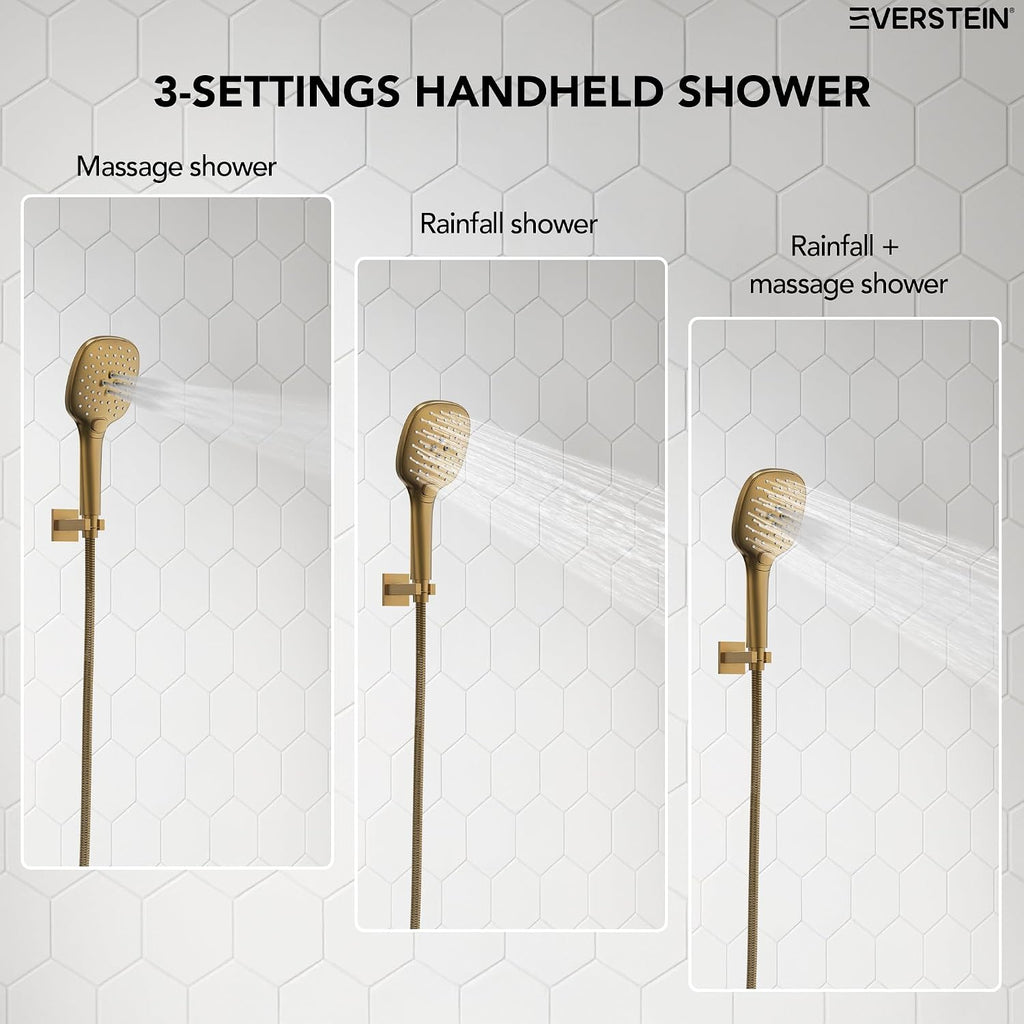Square Rain Shower System Faucet Set, 10 Inch Rainfall Shower Head with Handheld, Wall Mount Faucet Set with Valve, Brushed Gold