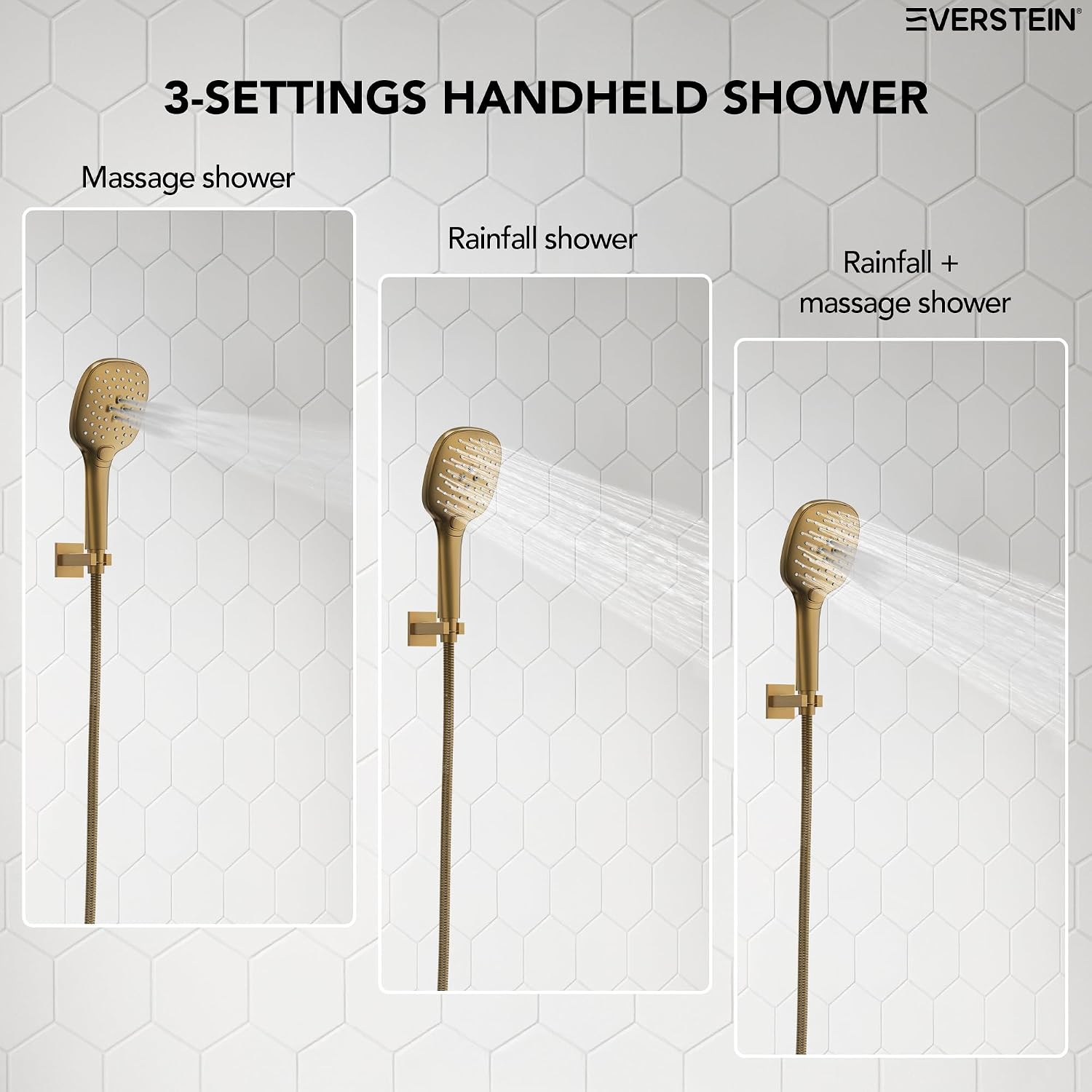 Square Rain Shower System Faucet Set, 10 Inch Rainfall Shower Head with Handheld, Wall Mount Faucet Set with Valve, Brushed Gold