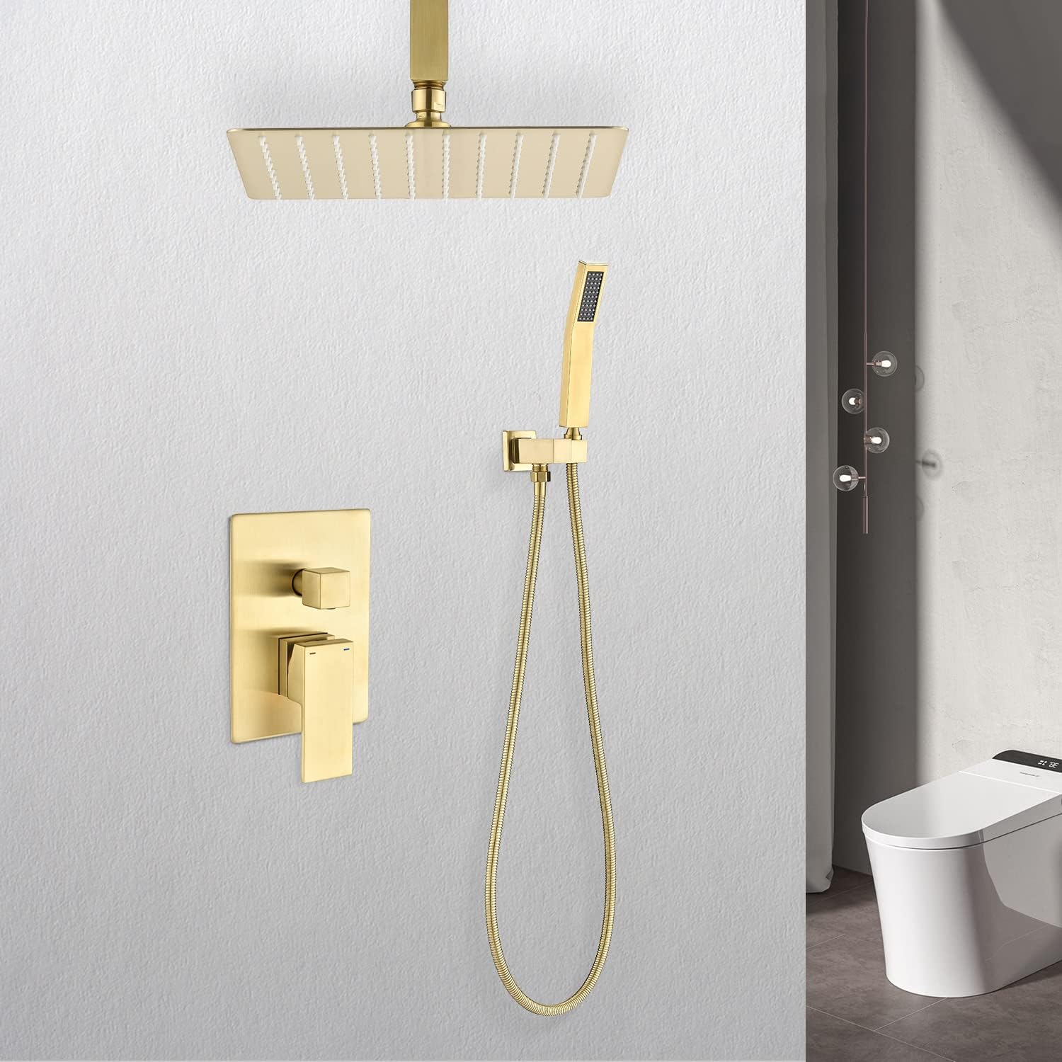 Kaimei Ceiling Mounted Rain Shower System Combo - Brushed Gold Shower Head and Handheld with 10-Inch Rainfall Spray - Easy Installation, Bathroom Shower Fixtures for Spa-Like Experience