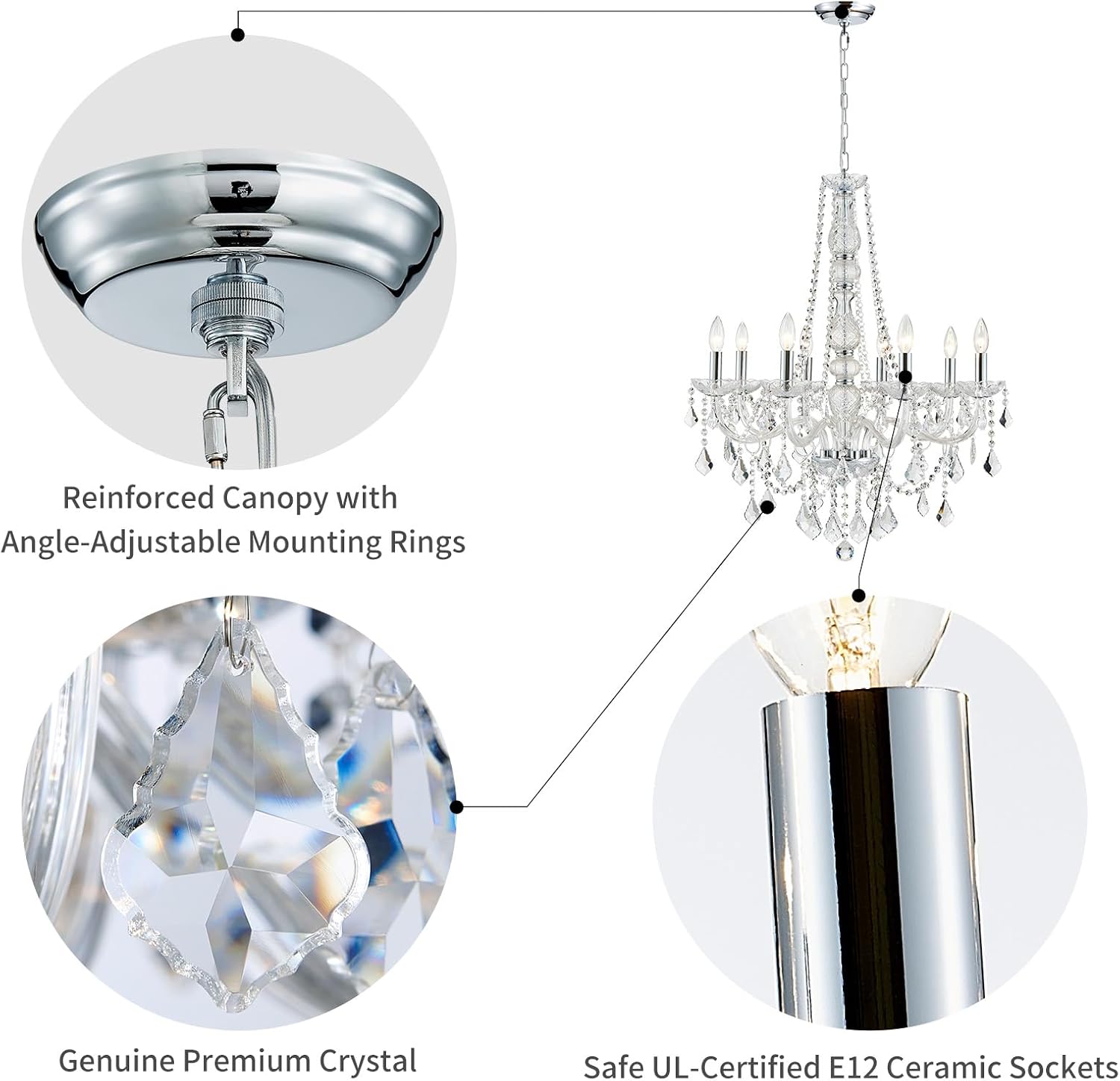 WUZUPS 8-Light Crystal Candle Chandelier Pendant Ceiling Light Modern Lighting Fixture for Bedroom Hallway Bar Kitchen Bathroom, H 35.4' W 27.6', E12 Base, Chrome