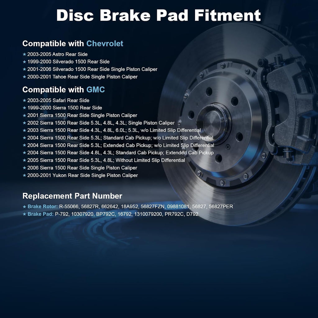 Rear Drilled and Slotted Disc Brake Rotors & Ceramic Brake Pads Kit Fit for Chevrolet 03-05 Astro, 99-06 Silverado 1500, 00-01 Tahoe; for GMC 03-05 Safari, 99-06 Sierra 1500, 00-01 Yukon