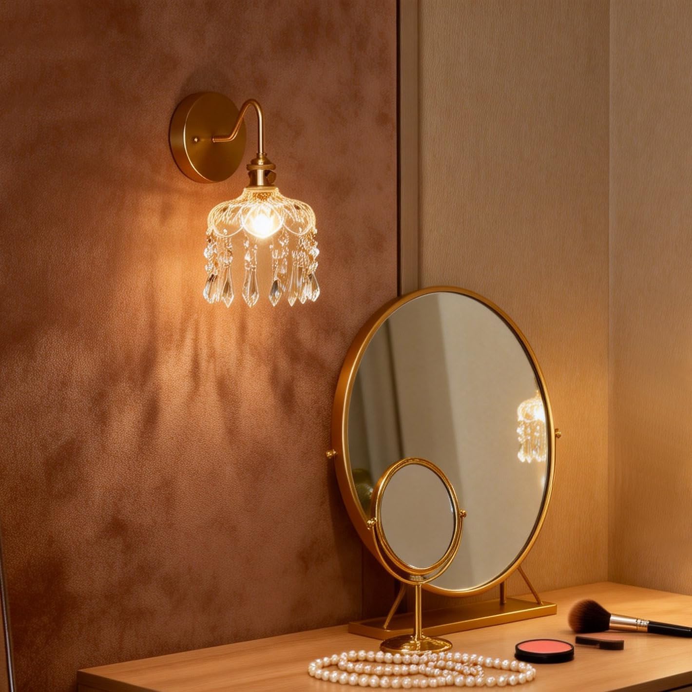 Crystal Wall Sconce Set, Gold Brass Fixture with Glass Shade and Hanging Crystals, Modern Elegant Wall Light, 2 Pack