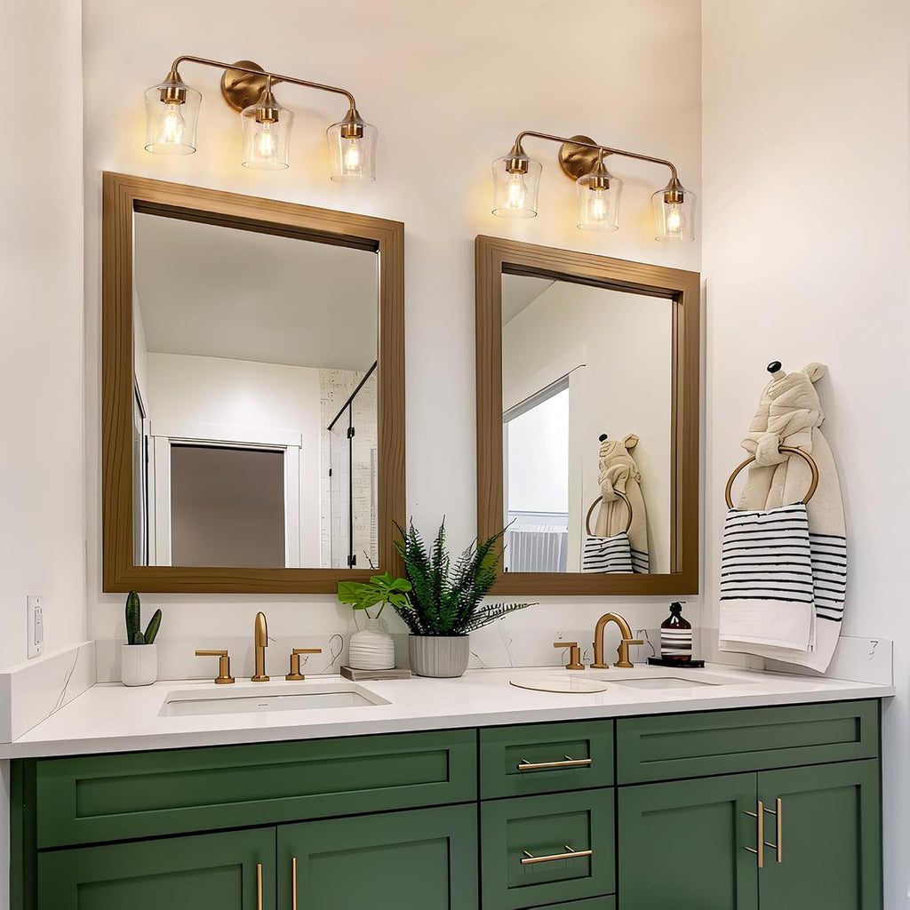 KSANA Gold Bathroom Light Fixture, 3-Light Vanity Light Over Mirror, Modern Glass Wall Sconce with Electroplated Antique Brass Finish