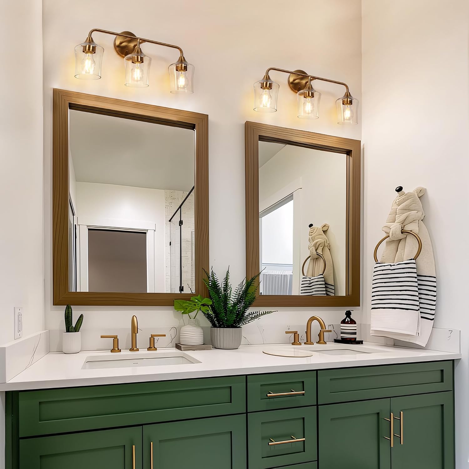 KSANA Gold Bathroom Light Fixture, 3-Light Vanity Light Over Mirror, Modern Glass Wall Sconce with Electroplated Antique Brass Finish