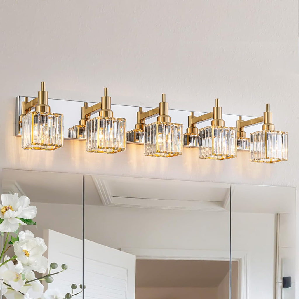 Crystal Bathroom Light Gold Chrome 5-Light Modern Bathroom Vanity Fixtures Over Mirror Square Wall Sconce