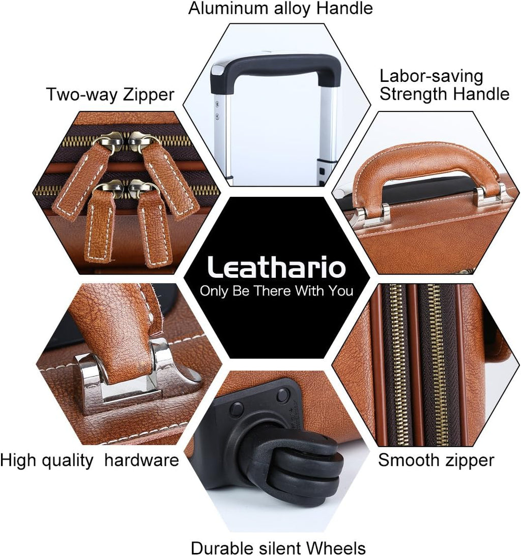 Leathario Leather Rolling Laptop Case Wheeled Briefcase Suitcase Roller Boarding