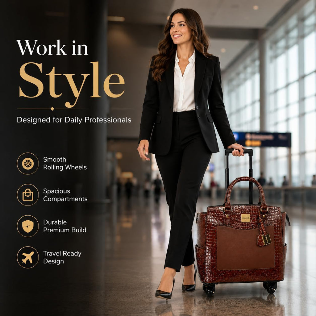 Rolling Laptop Bag for Women with Wheels & Handle Luxury Pure Leather Embossed Work Bag with Laptop Sleeve Travel Briefcase