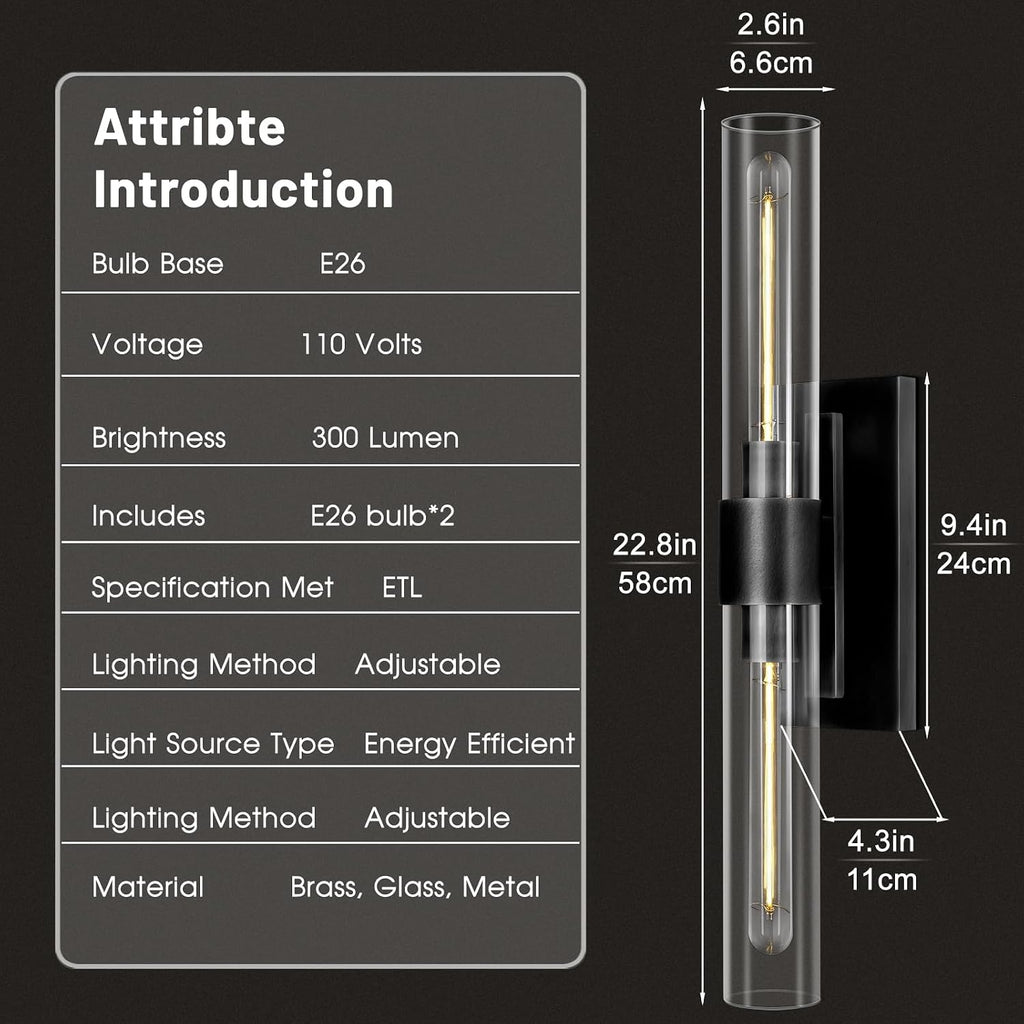 Bronze Vanity Light Hardwired, 2-Light Bathroom Wall Sconce Over Mirror, Black Vanity Lights for Bathroom, Dimmable Wall Sconces with Glass Tube, Indoor Linear Wall Sconce Vertical & Horizontal, 1 PC