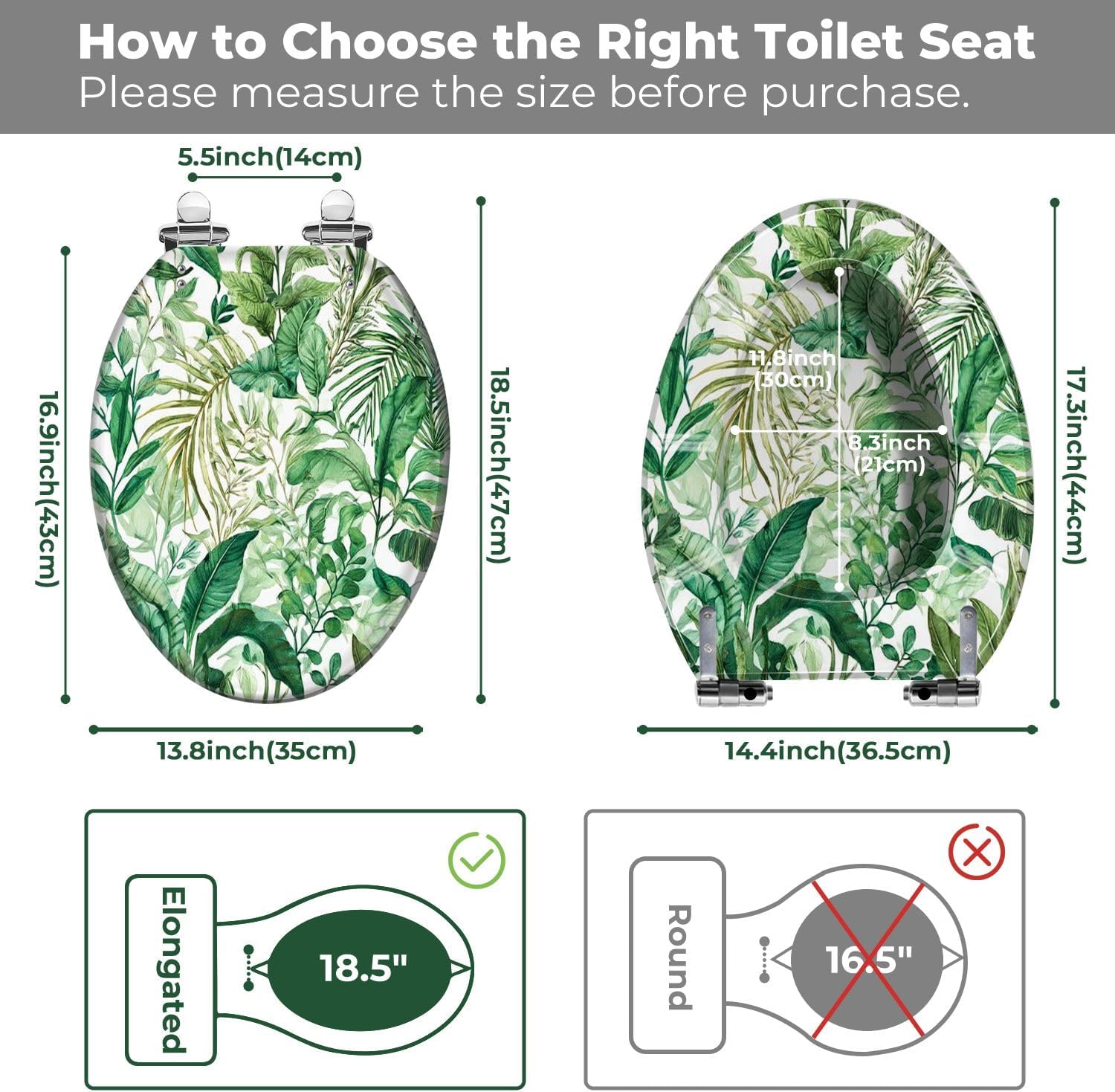Elongated Toilet Seat Tropical seamless exotic leaves Floral painted watercolor Resin Toilet Seat with Quietly Close Quick Release Hinges Decorative Toilet Seat with Cover Easy to Clean and Install