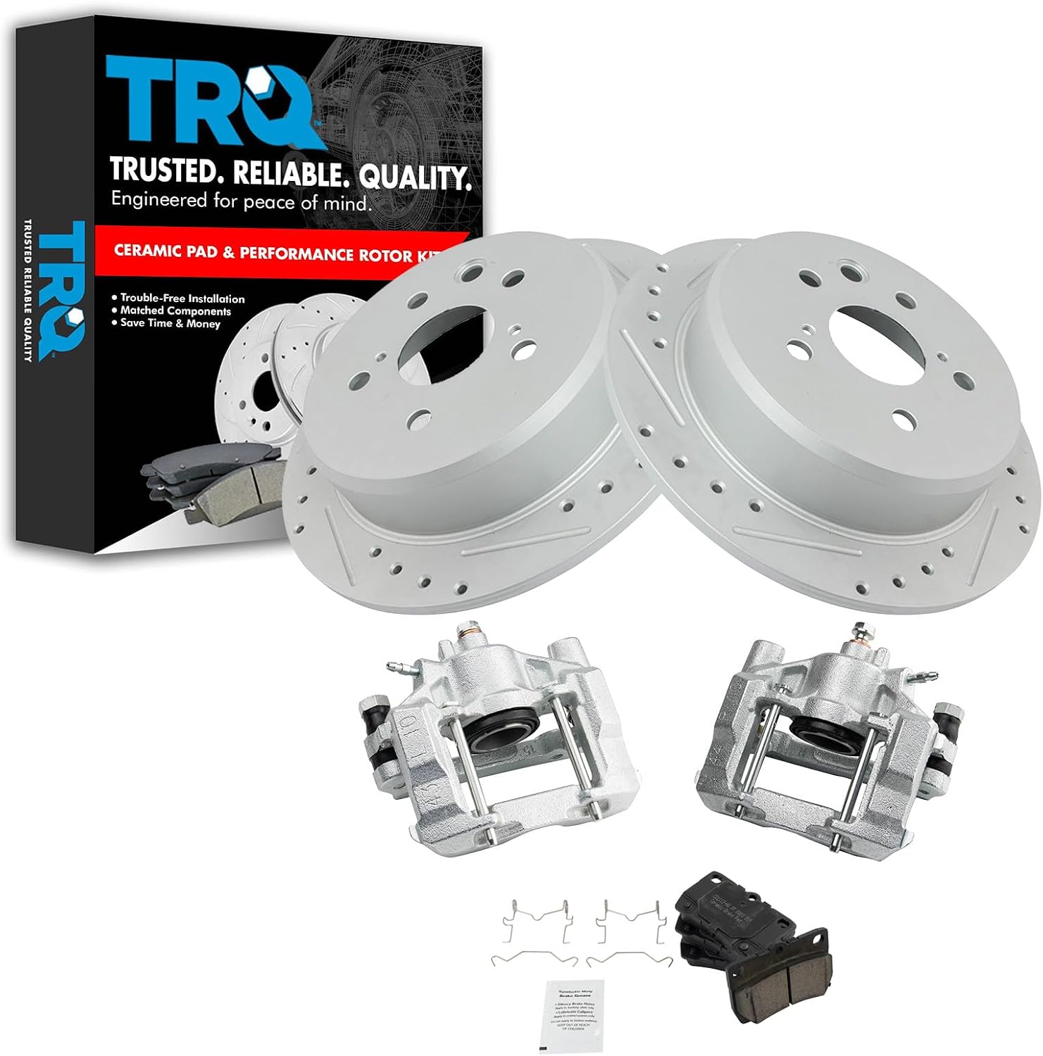 TRQ Performance Rear Brake Pad and Rotor Set Ceramic Solid G Coated Rotors Calipers Compatible with 2006-2013 Lexus IS250