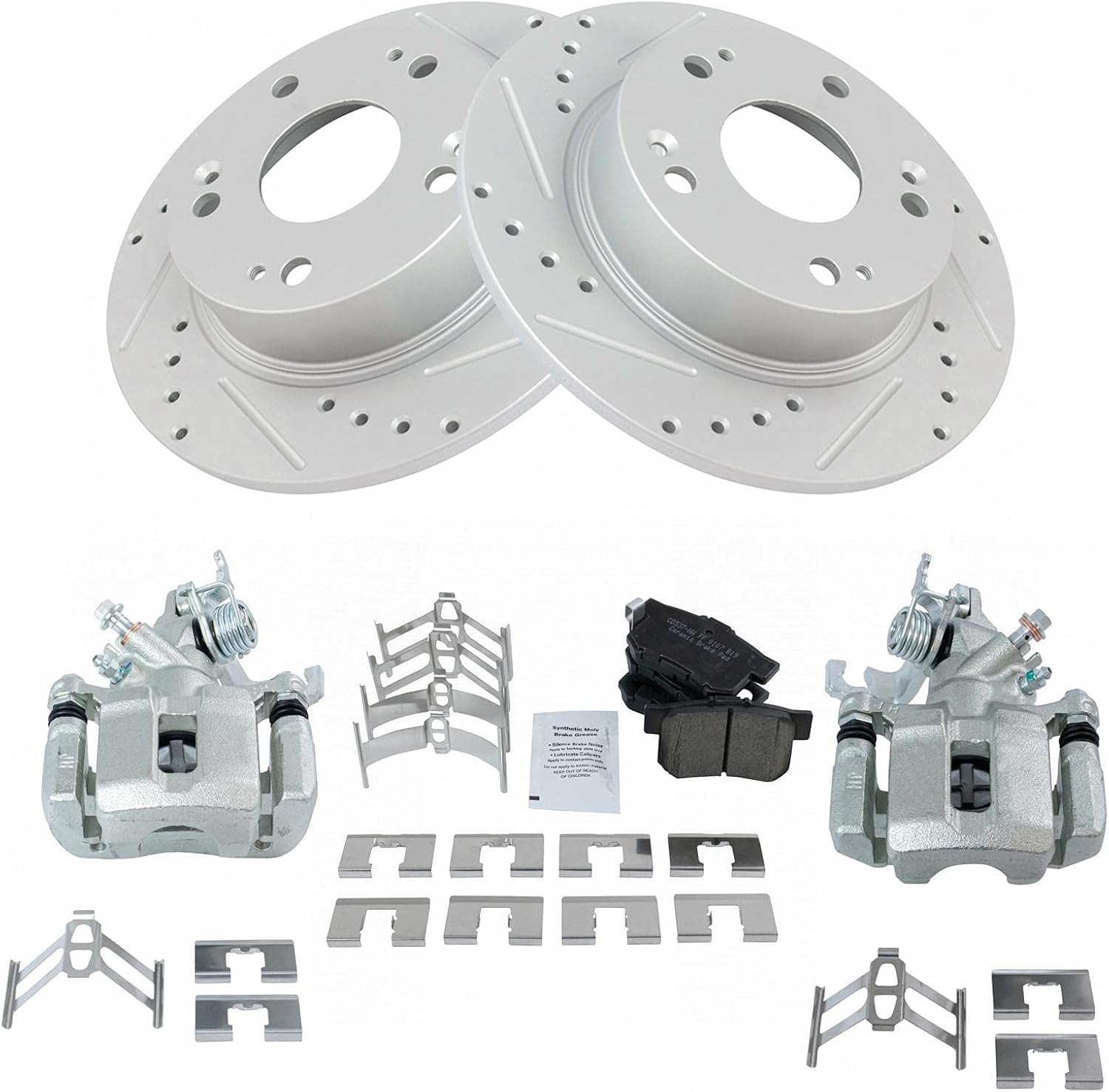 TRQ Performance Rear Brake Pad and Rotor Set Ceramic G Coated Slotted Drilled Solid Rotors Calipers Compatible with 2004-2008 Acura TSX 2003-2007 Honda Accord