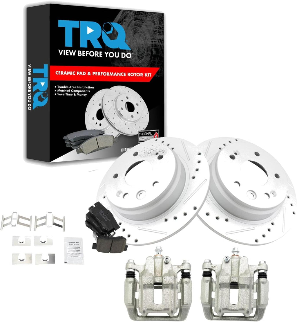 TRQ Performance Rear Brake Pad and Rotor Set Ceramic Solid G Coated Rotors Calipers Compatible with 1999-2003 Acura TL