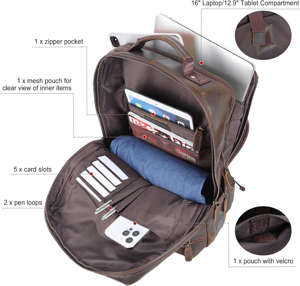 Masa Kawa Brown Leather Laptop Backpack for Men Fits 16' 15.6' Computer, Vintage Business Travel Work Large Daypack Weekender Bag Camping Rucksack