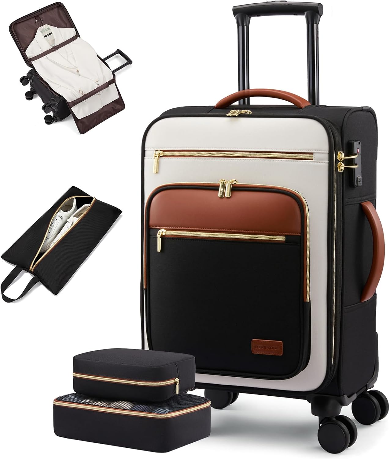 LOVEVOOK Carry on Suitcase 22x14x9 Airline Approved,20 inch Lightweight Waterproof Suitcases with 360° silent swivel wheels, TSA Lock and Compartment, Large Capacity travel Suitcase Black-White-brown