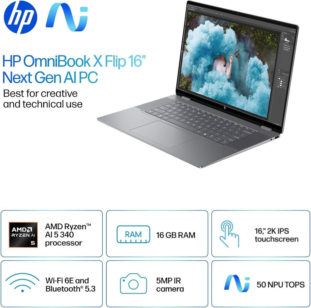 HP OmniBook X Flip 16' 2K Touchscreen 2-in-1 Copilot+ Laptop, AMD Ryzen AI 5 340, 16GB RAM 1TB SSD, Wi-Fi 6E, Bluetooth 5.3, Backlit Keyboard, 256gb 9H Docking Station, Windows 11 Pro, Meteor Silver