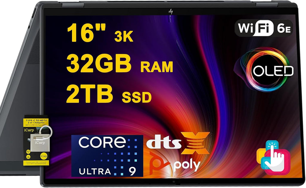 HP OmniBook X Flip 2-in-1 Laptop 16' 3K OLED Touch (100% DCI-P3, 120Hz) Intel 8-core Ultra 9 288V (Up to 48 Tops) 32GB RAM 2TB SSD for Creator Designer Business Professional Win11 ICP Hub