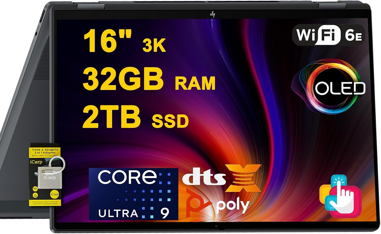 HP OmniBook X Flip 2-in-1 Laptop 16' 3K OLED Touch (100% DCI-P3, 120Hz) Intel 8-core Ultra 9 288V (Up to 48 Tops) 32GB RAM 2TB SSD for Creator Designer Business Professional Win11 ICP Hub