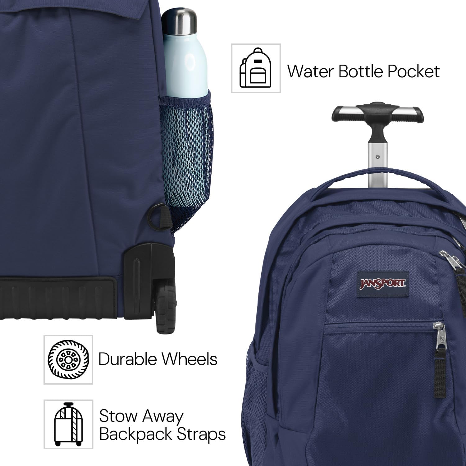 JanSport Driver 8 Rolling Backpack - Wheeled Travel Bag with 15-Inch Laptop Sleeve, One Size, Black