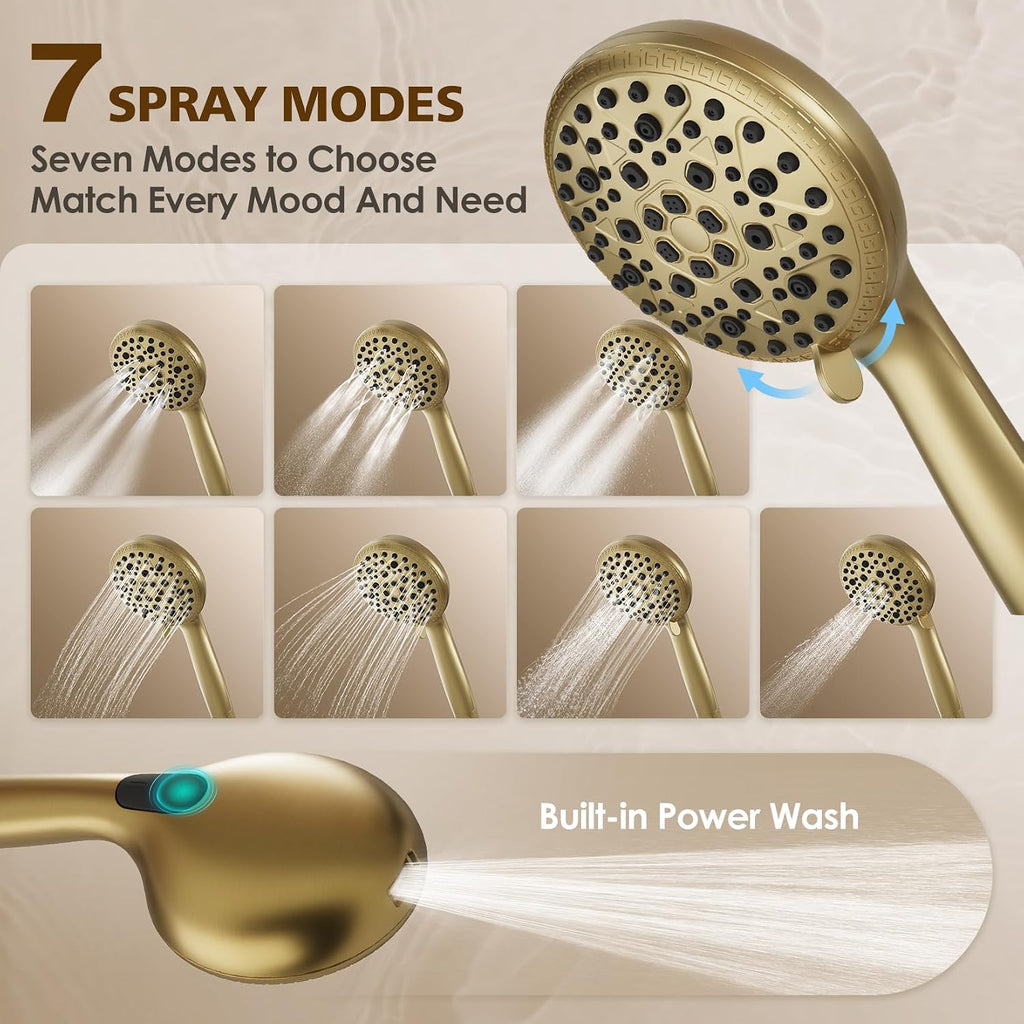 Brushed Gold Shower System with Tub Spout – 8-Inch Rain Shower Head & Filtered Handheld with 8 Spray Modes, Wall Mounted Bathroom Shower Combo Set
