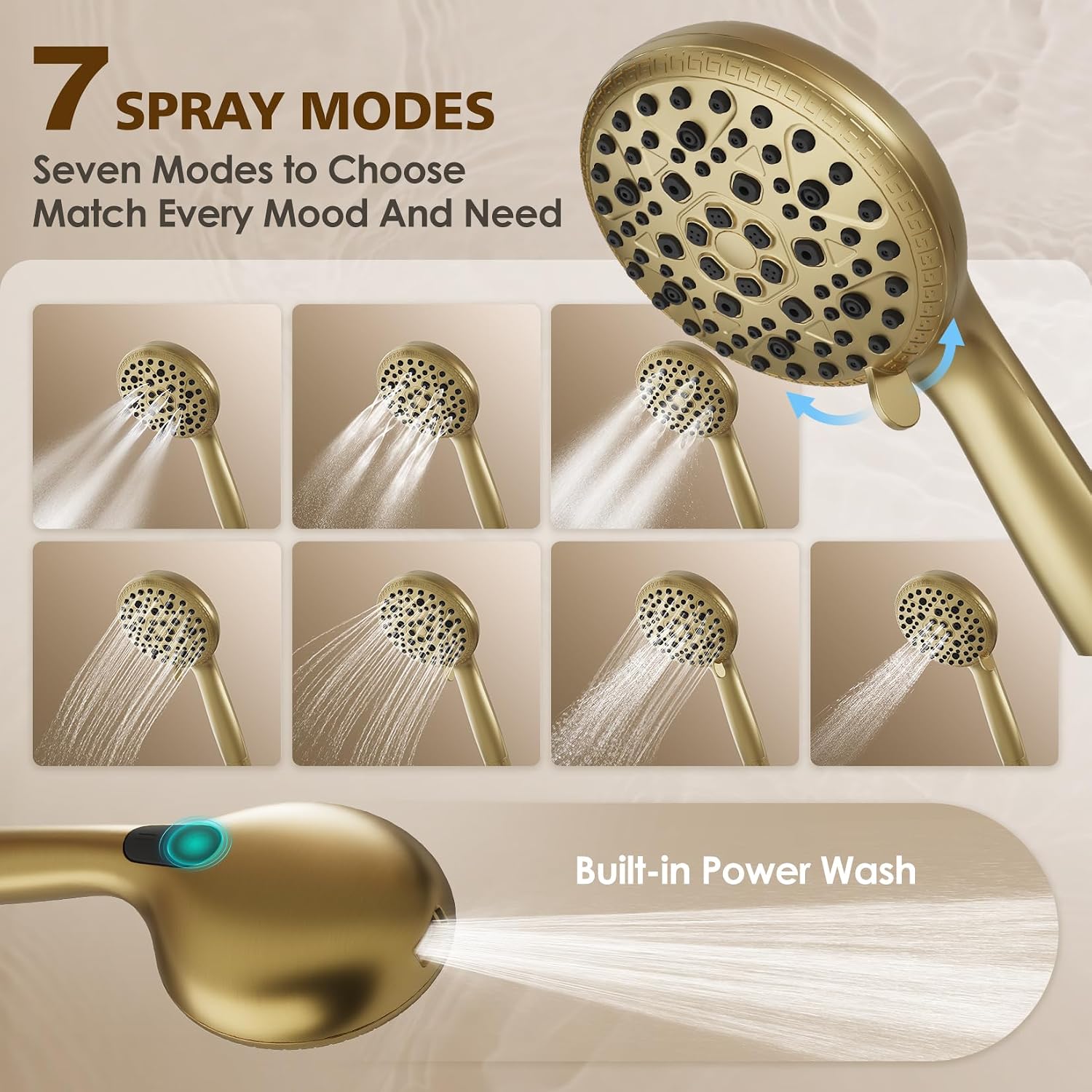 Brushed Gold Shower System with Tub Spout – 8-Inch Rain Shower Head & Filtered Handheld with 8 Spray Modes, Wall Mounted Bathroom Shower Combo Set