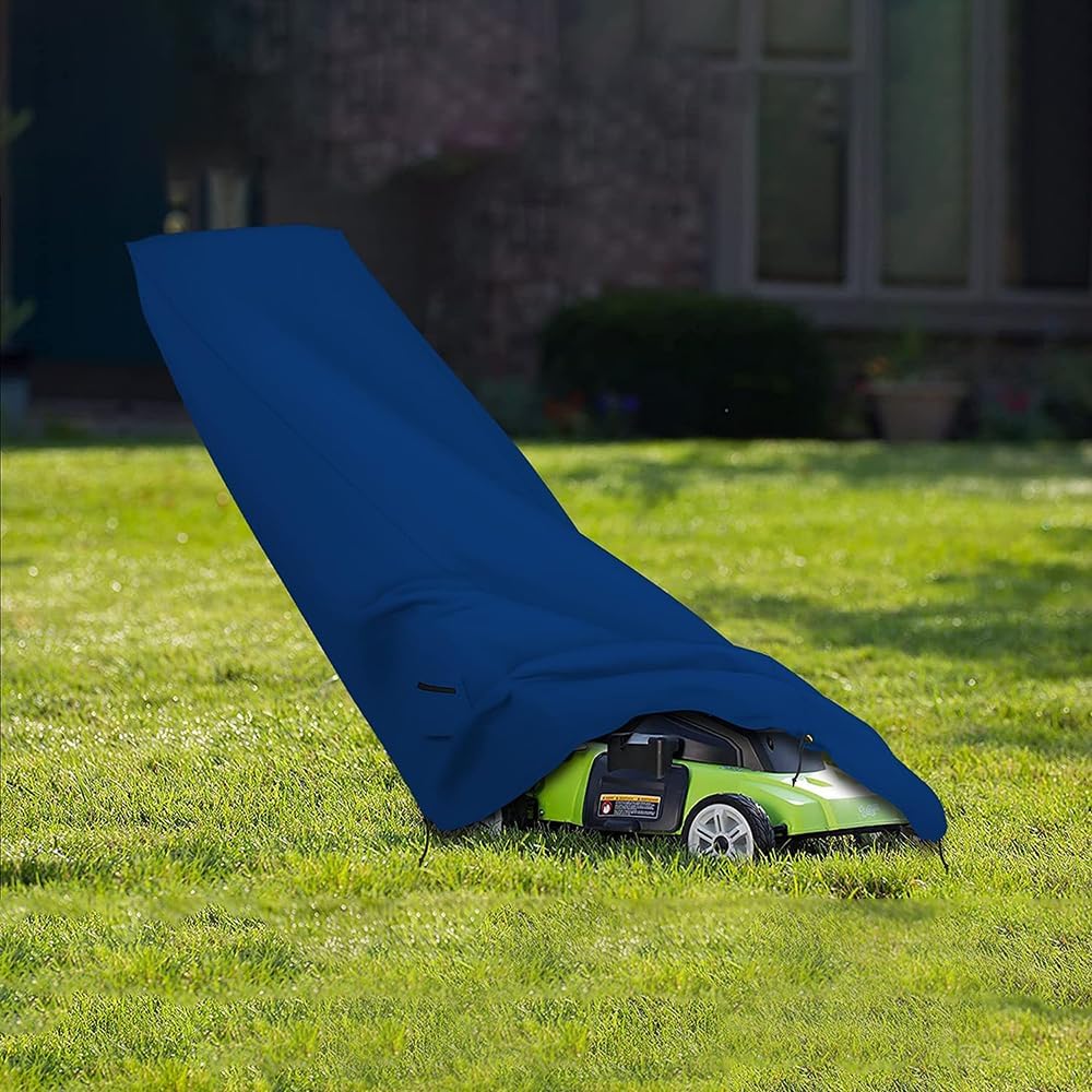 Lawn Mower Cover 18 Oz Waterproof - Customize Cover with Any Size - 100% Weather Resistant Grass Mower Cover with Air Pocket and Drawstring with Snug Fit (50' D x 25' W x 44' H, Blue)