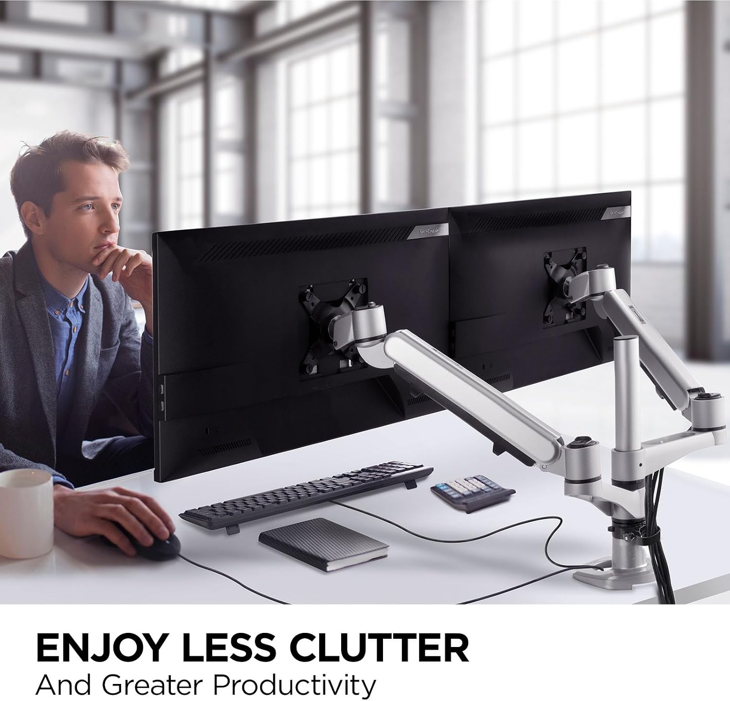 ViewSonic LCD-DMA-002 Spring-Loaded Monitor Desk Mounting Arm for 2 Monitors up to 27 Inches Each, VESA Compatible, Full Ergonomic Adjustability, 2-in-1 Mounting Base, and Built-in Cable Management