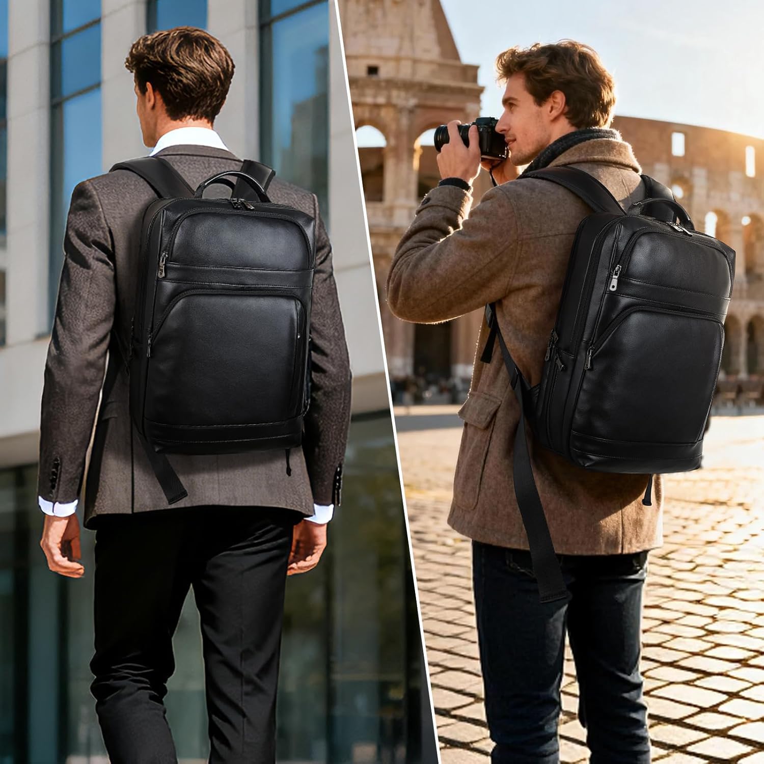 Masa Kawa Black Leather Laptop Backpack for Men Fits 16' 15.6' Computer, Business Travel Work Large Daypack Camping Weekender Bag