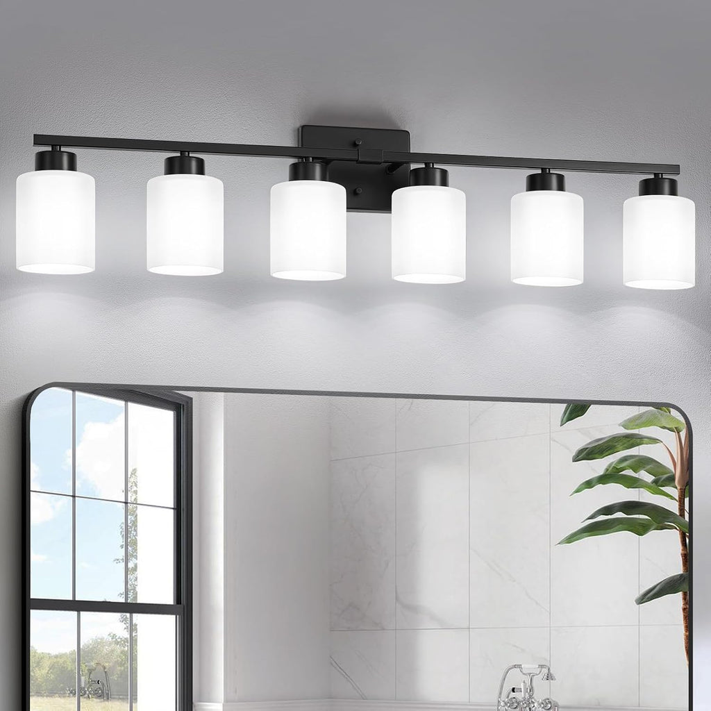 FonmYim Black Bathroom Light Fixtures, 6-Light Modern Vanity Light Over Mirror, Wall Sconces with Milky White Frosted Glass Shades, E26 Socket (Bulbs Not Included)