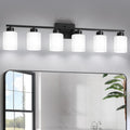FonmYim Black Bathroom Light Fixtures, 6-Light Modern Vanity Light Over Mirror, Wall Sconces with Milky White Frosted Glass Shades, E26 Socket (Bulbs Not Included)