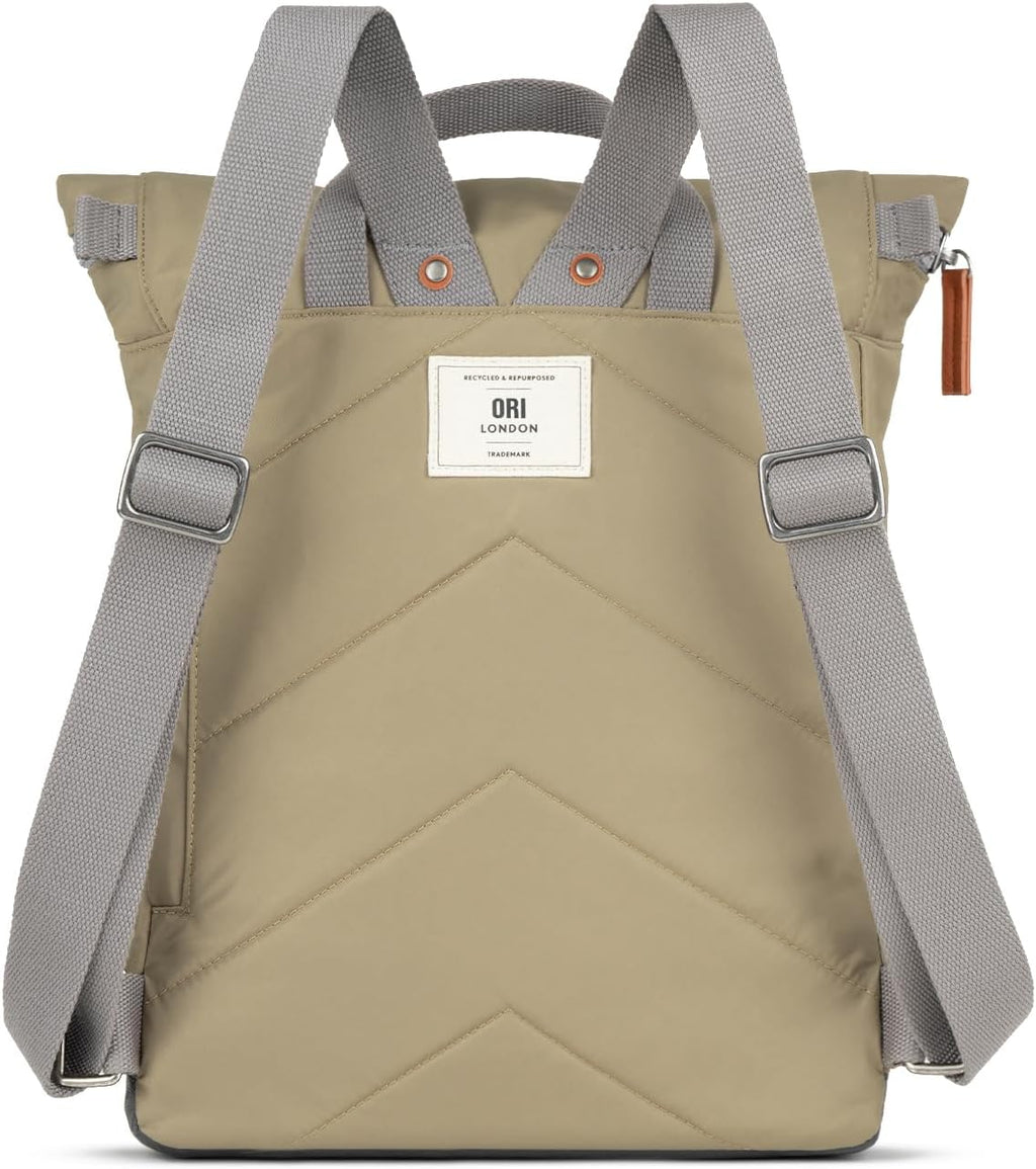 ORI LONDON Travel Backpack - Medium Nylon Rolltop Backpack for Men & Women with Multiple Pockets for Laptop, Phone, Keys, Wallet, Bottles - The Canfield, Taupe, 16.5x11.8x4.7'