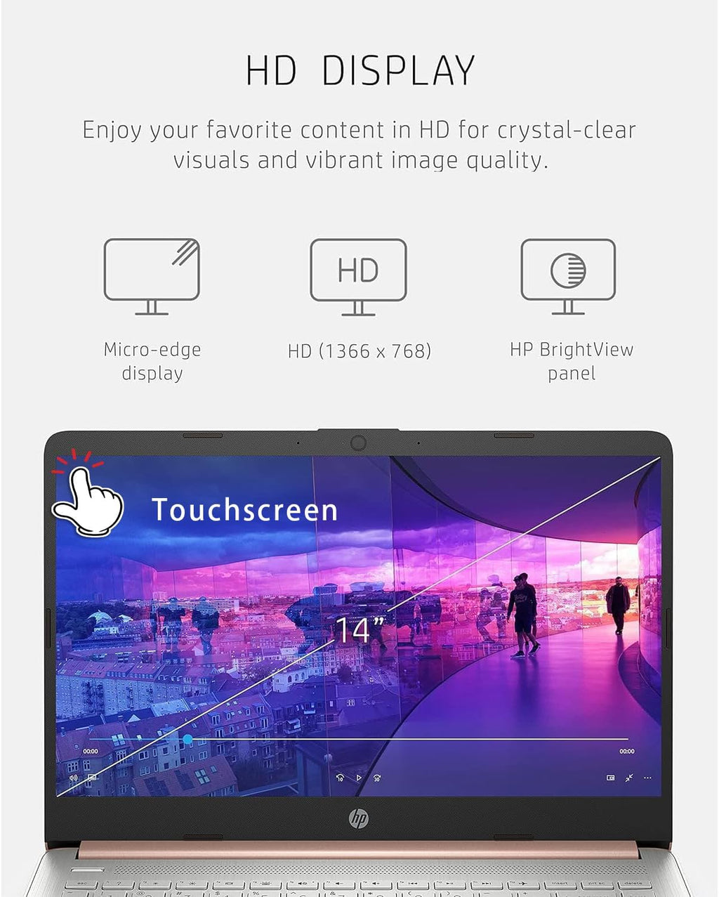 HP 14 inch Touchscreen Laptop - Intel Celeron Dual Core Processor - 16GB RAM, 64GB Storage - Pale Rose Gold - Fast Charging - USB Type C - 10 Hour Battery - 5Gbs USB - Windows 11