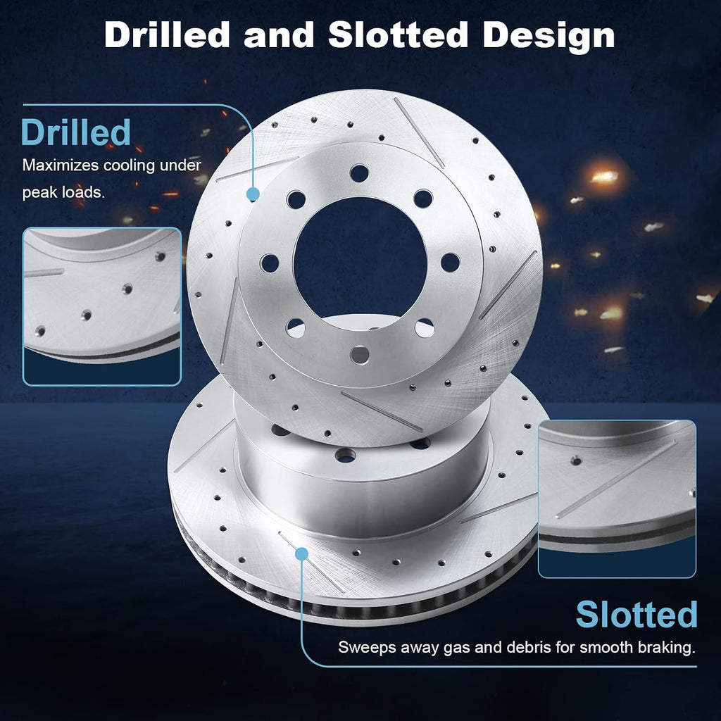Front Drilled and Slotted Disc Brake Rotors & Ceramic Brake Pads Kit Fit for Dodge 2006-2008 Ram 1500 (8 Lug; Mega Cab Models ONLY), 2003-2008 Ram 2500, 2003-2008 Ram 3500#53012 D965
